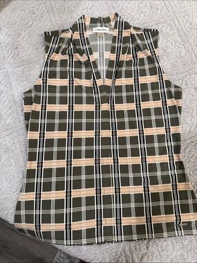 Calvin Klein Olive and Beige Plaid Sleeveless V-Neck Top